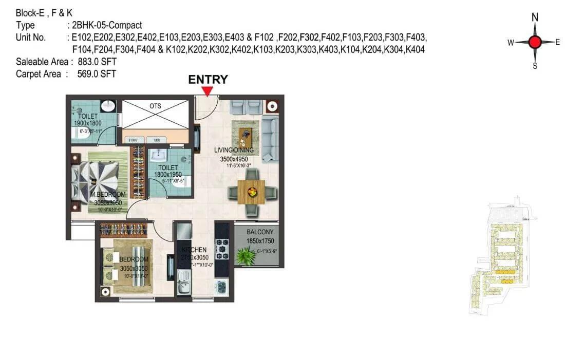Casagrand Savoye 2 BHK floor plan, about 883 sq ft