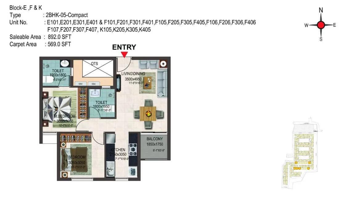 Casagrand Savoye 2 BHK floor plan, about 892 sq ft