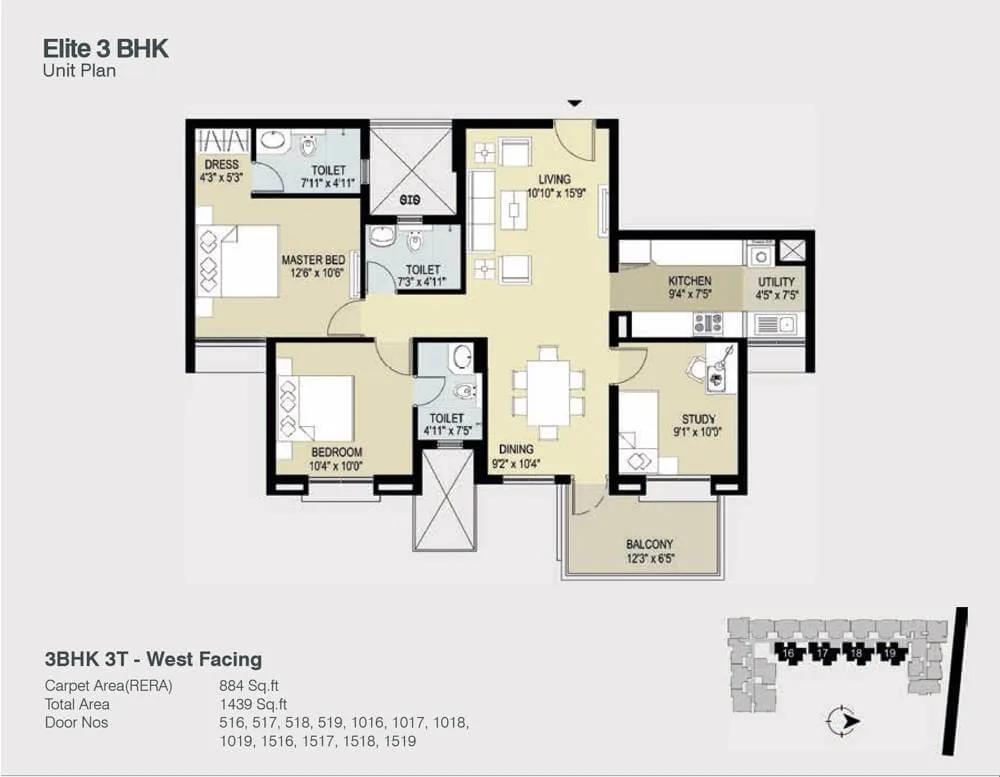 TVS Emerald Lighthouse 3 BHK floor plan