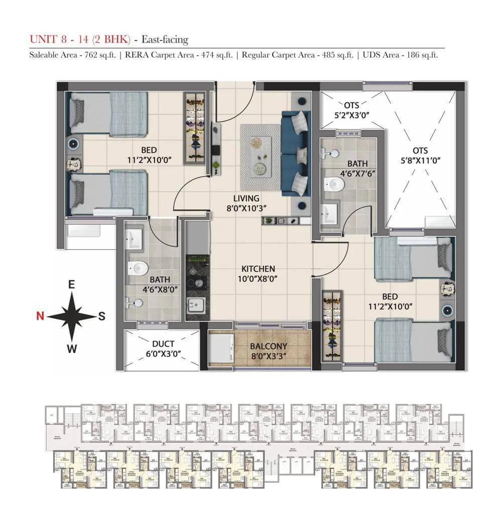 DRA Truliv 2 BHK floor plan, about 762 sq ft