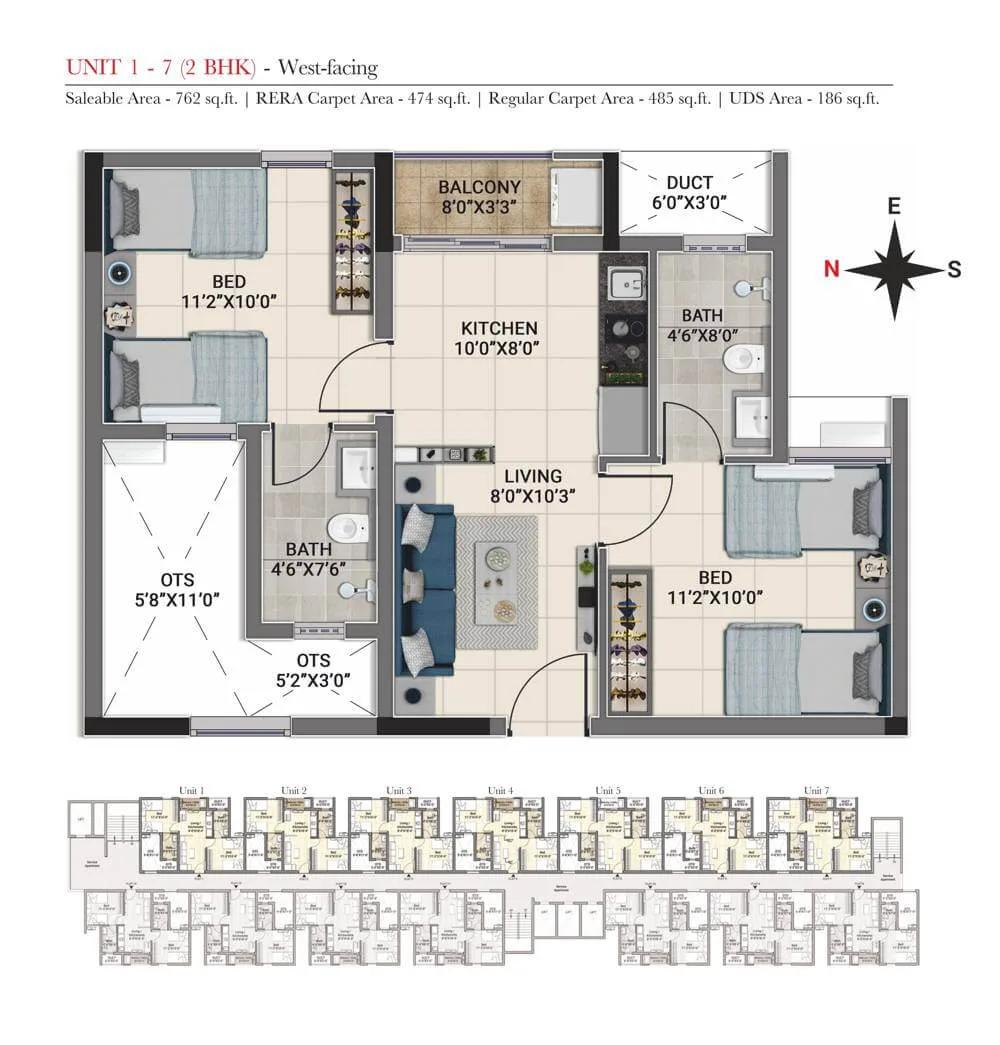 DRA Truliv 2 BHK floor plan, about 762 sq ft