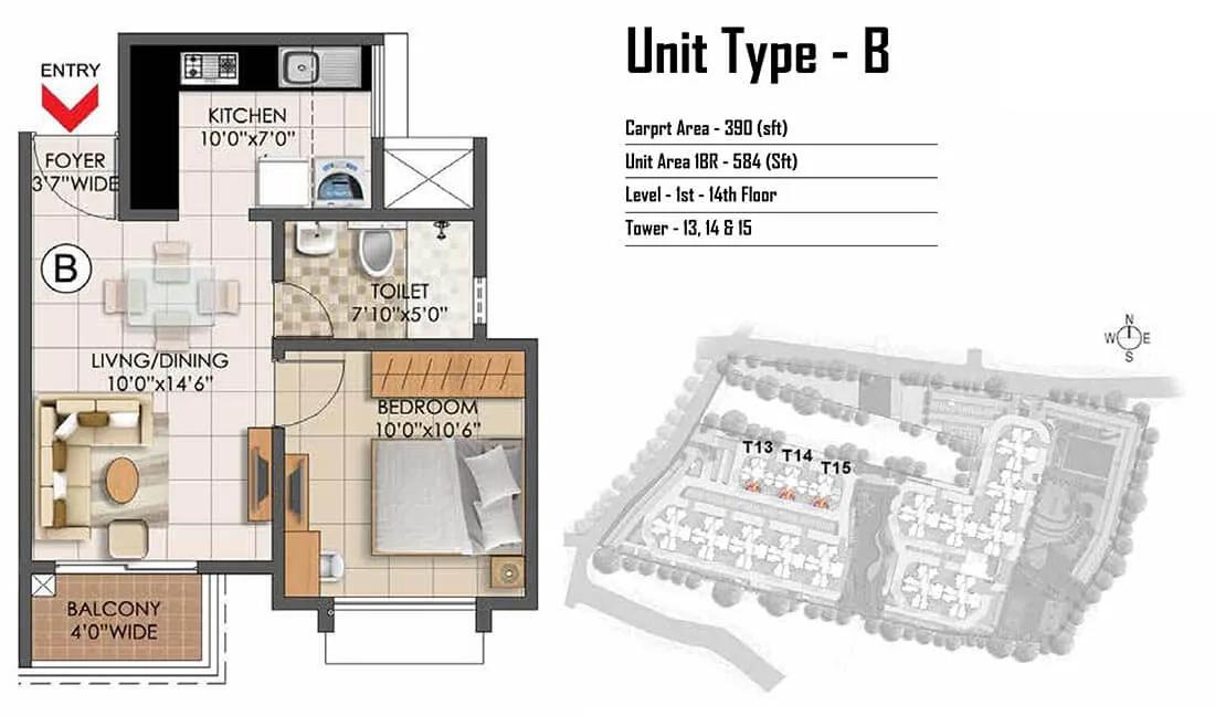Prestige Primrose Hills 1 BHK floor plan, about 584 sq ft