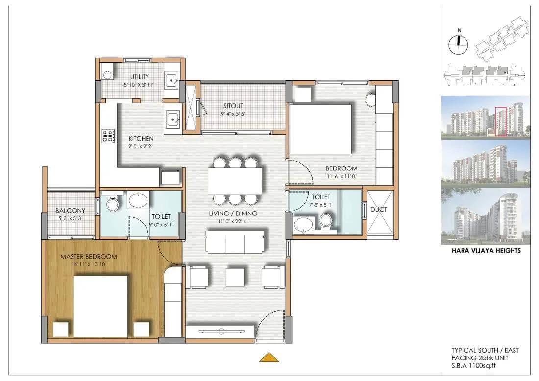 Hara Vijaya Heights 2 BHK floor plan, about 1,100 sq ft