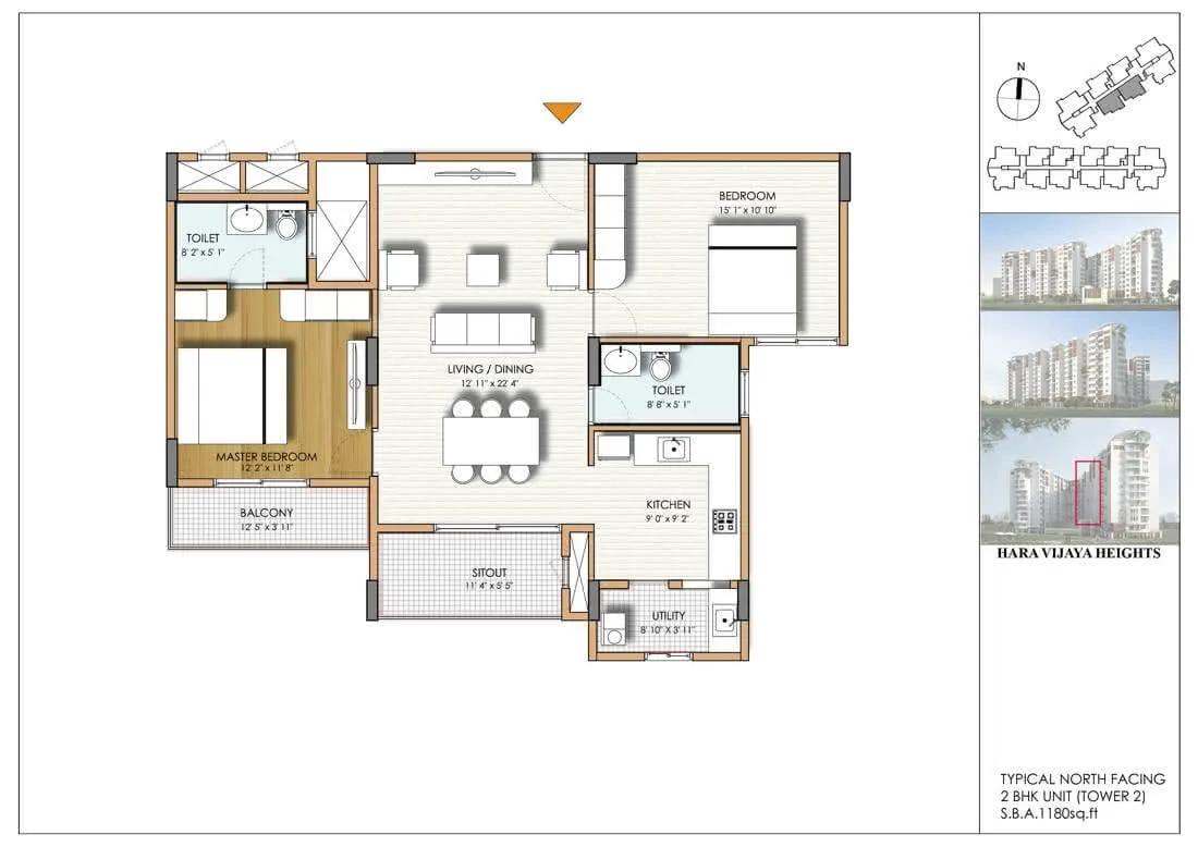 Hara Vijaya Heights 2 BHK floor plan, about 1,180 sq ft