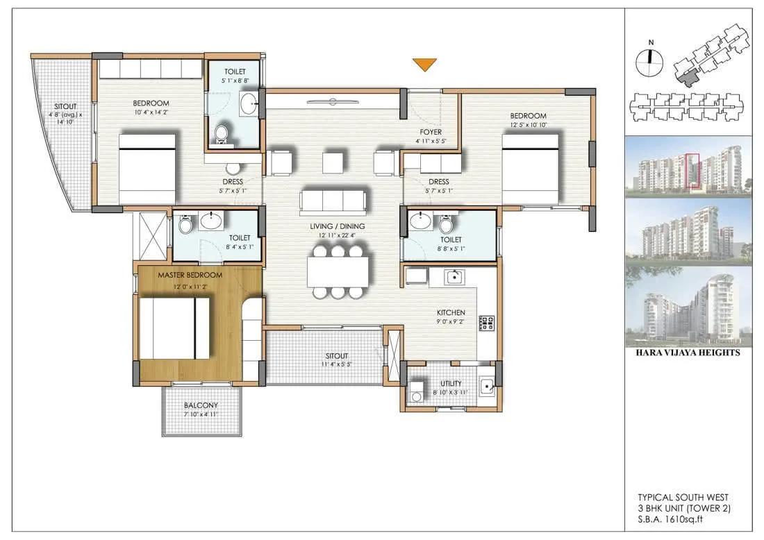 Hara Vijaya Heights 3 BHK floor plan, about 1,610 sq ft