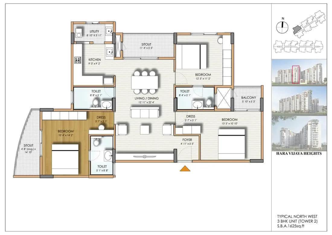 Hara Vijaya Heights 3 BHK floor plan, about 1,625 sq ft