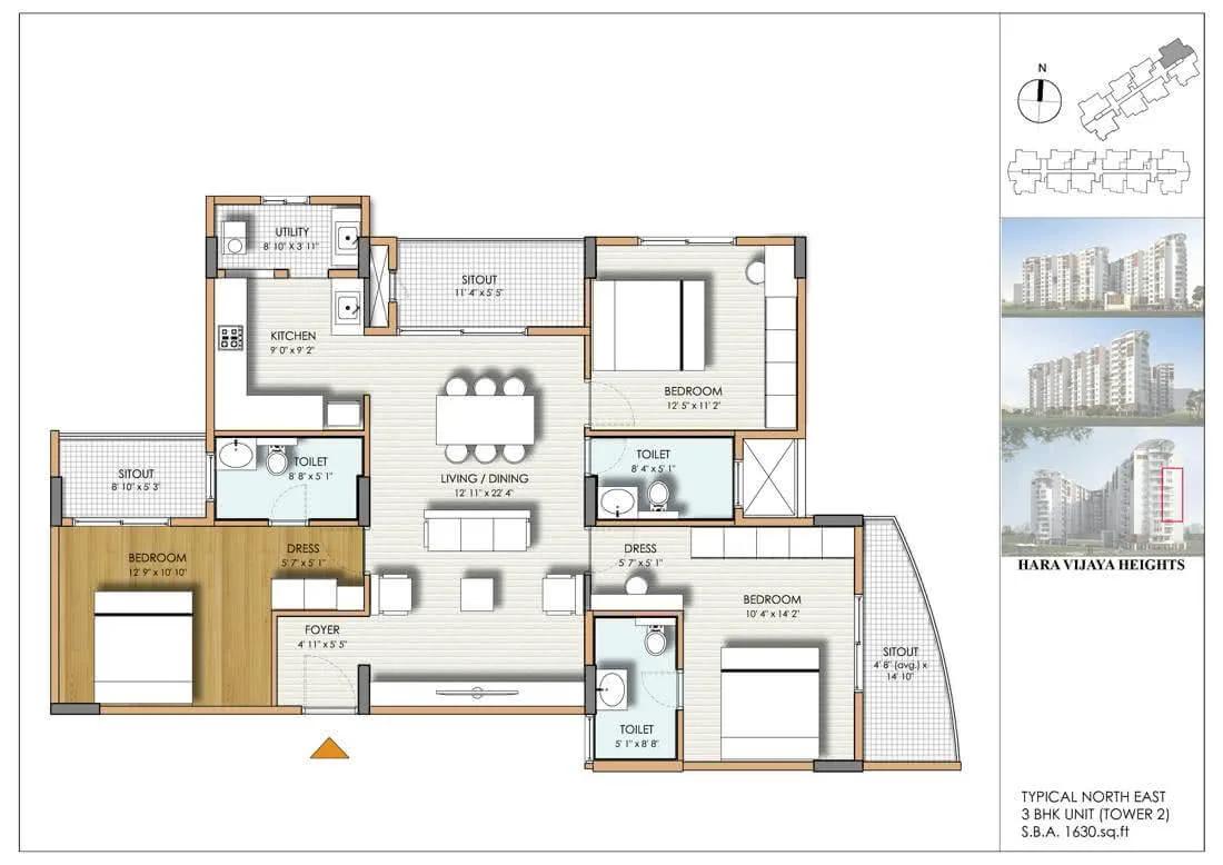 Hara Vijaya Heights 3 BHK floor plan, about 1,630 sq ft