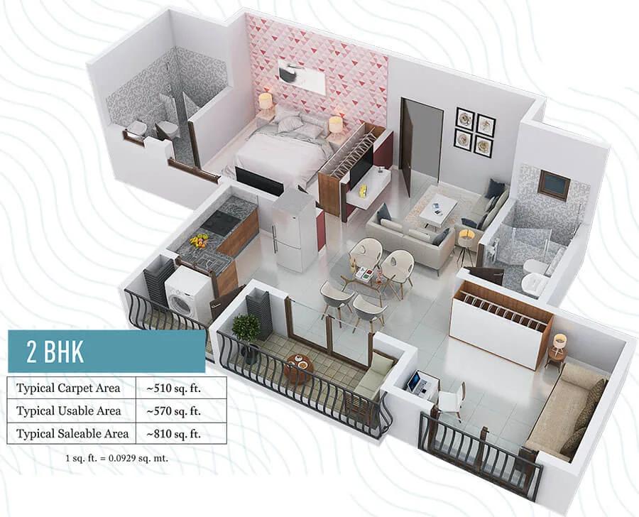 Provident ADORA DE GOA 2 BHK floor plan, about 810 sq ft