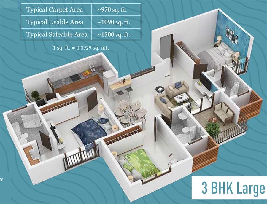 Provident ADORA DE GOA 3 BHK floor plan, about 1,500 sq ft