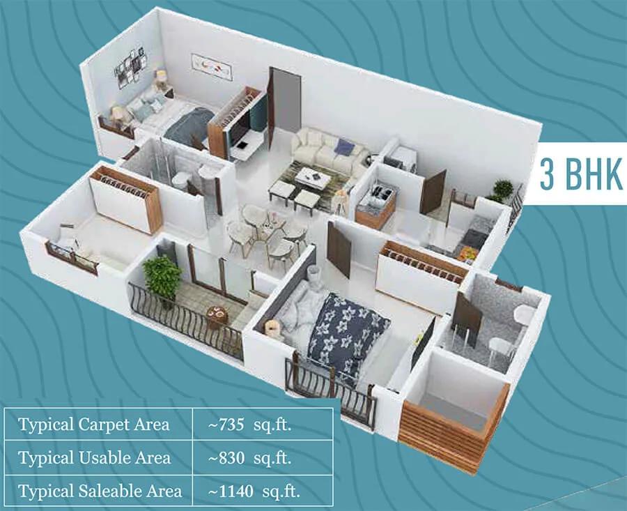 Provident ADORA DE GOA 3 BHK floor plan, about 1,140 sq ft