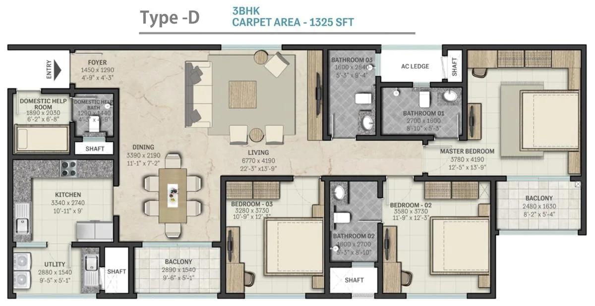 Sobha RajVilas 3 BHK floor plan, about 1,325 sq ft