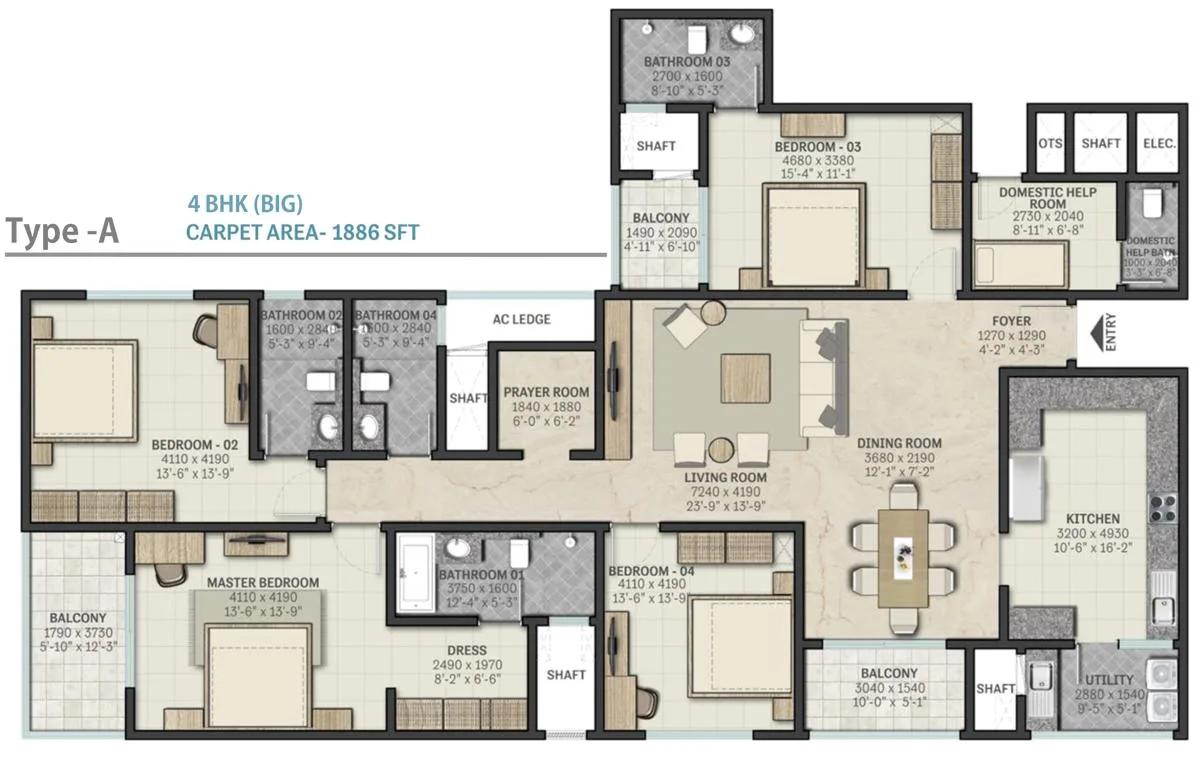 Sobha RajVilas 4 BHK floor plan, about 1,886 sq ft