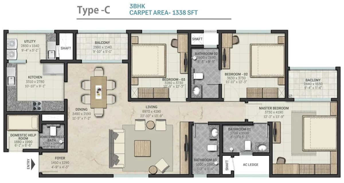 Sobha RajVilas 3 BHK floor plan, about 1,338 sq ft