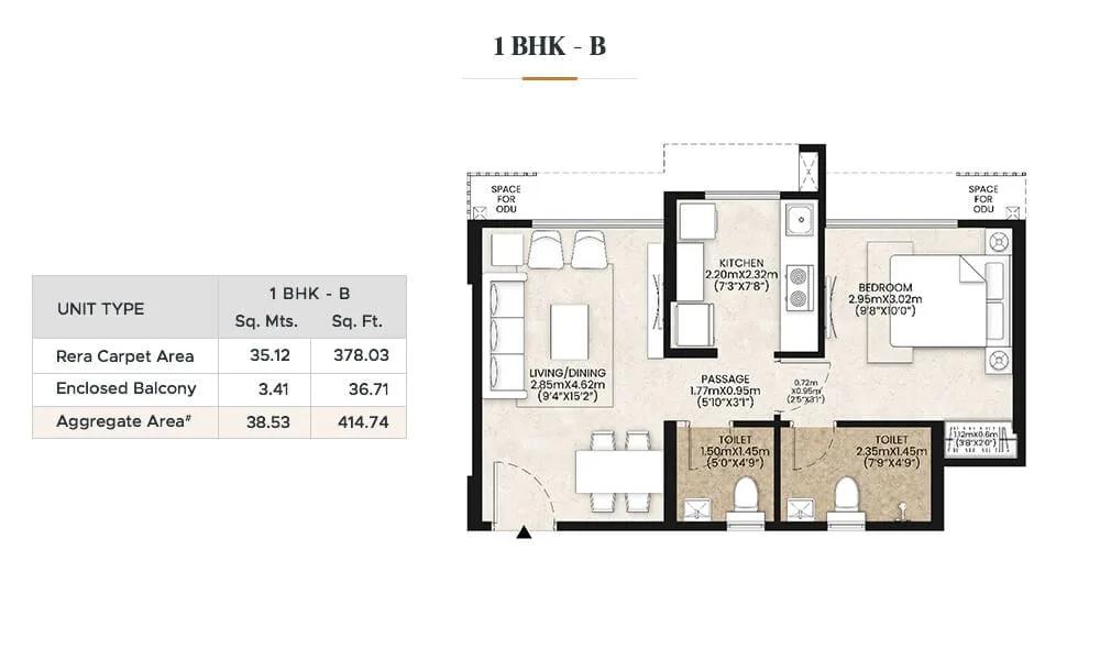 Mahindra Happinest Kalyan 1 BHK floor plan, about 414 sq ft
