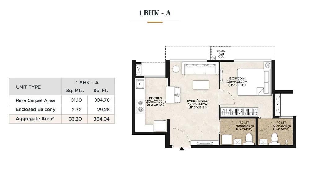 Mahindra Happinest Kalyan 1 BHK floor plan, about 364 sq ft
