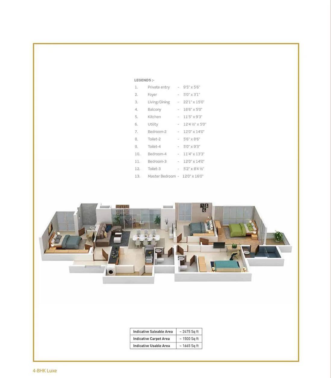 Purva Somerset House 4 BHK floor plan, about 2,475 sq ft