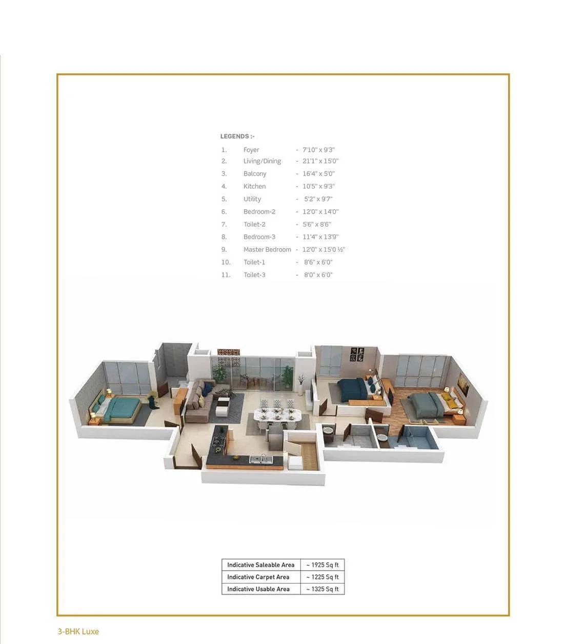 Purva Somerset House 3 BHK floor plan, about 1,925 sq ft
