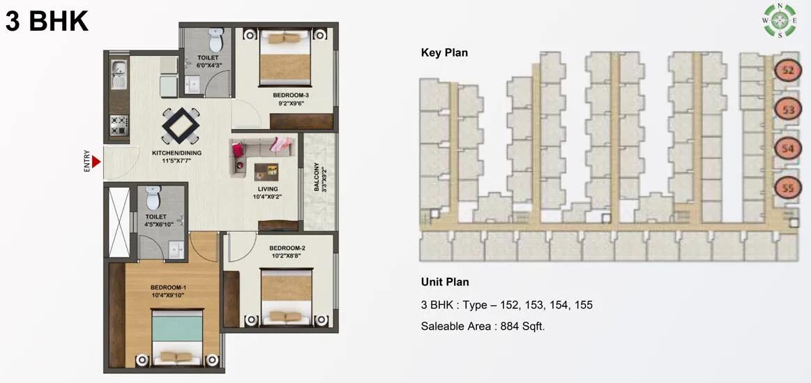 Sowparnika Indraprastha 3 BHK floor plan, about 884 sq ft