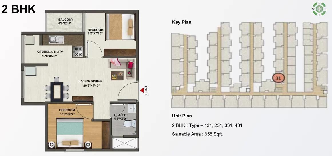 Sowparnika Indraprastha 2 BHK floor plan, about 658 sq ft
