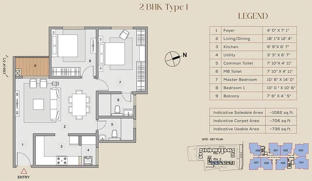 Purva Celestial 2 BHK floor plan, about 1,062 sq ft