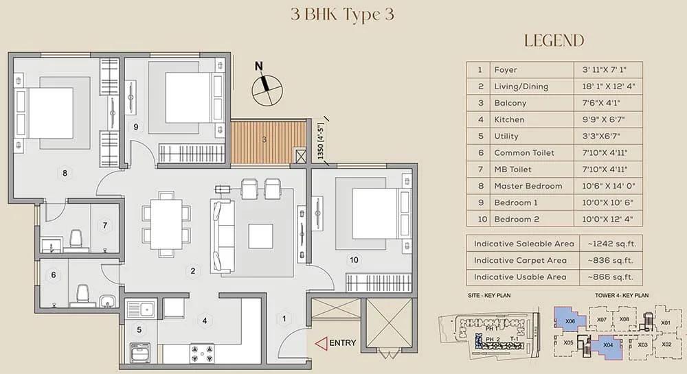 Purva Celestial 3 BHK floor plan, about 1,242 sq ft