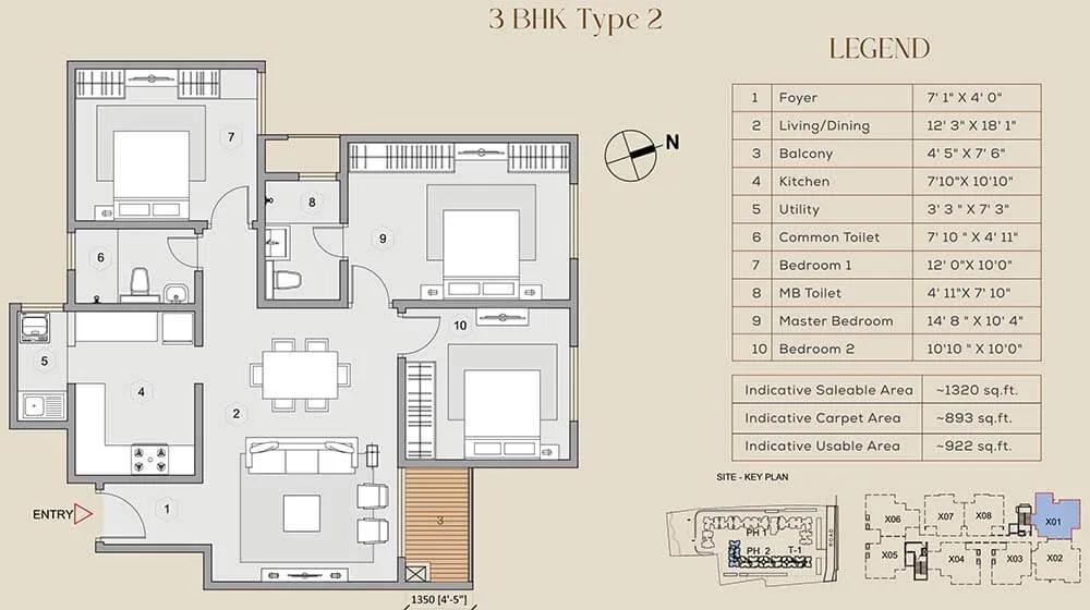 Purva Celestial 3 BHK floor plan, about 1,320 sq ft