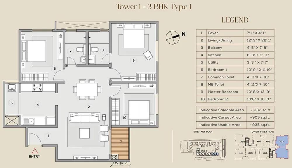 Purva Celestial 3 BHK floor plan, about 1,332 sq ft