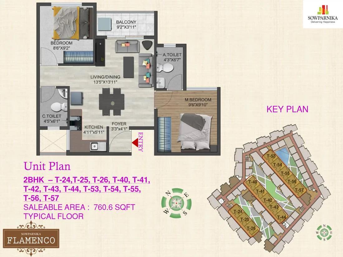 Sowparnika Flamenco 2 BHK floor plan, about 760 sq ft