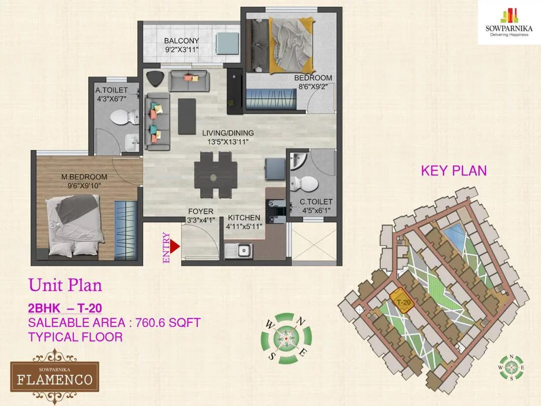 Sowparnika Flamenco 2 BHK floor plan, about 760 sq ft