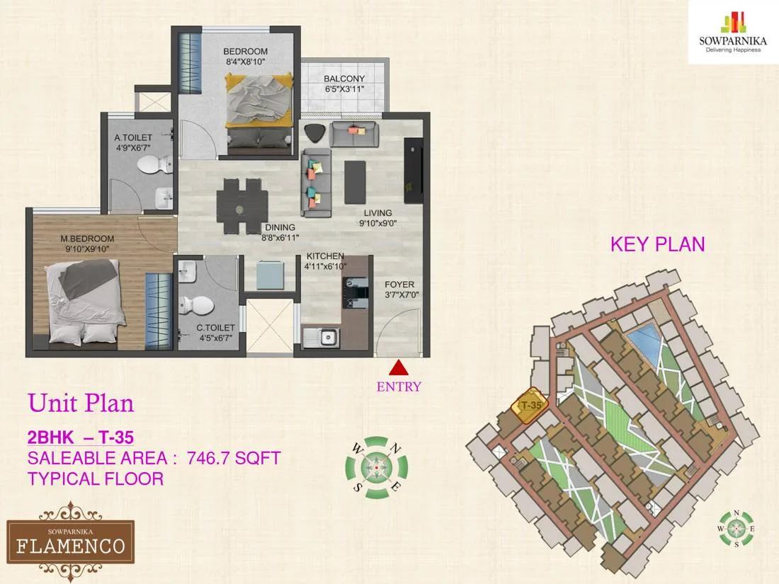 Sowparnika Flamenco 2 BHK floor plan, about 746 sq ft
