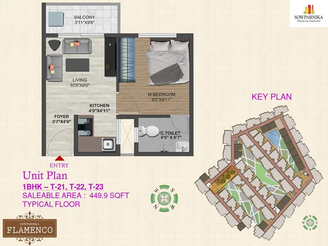 Sowparnika Flamenco 1 BHK floor plan, about 449 sq ft