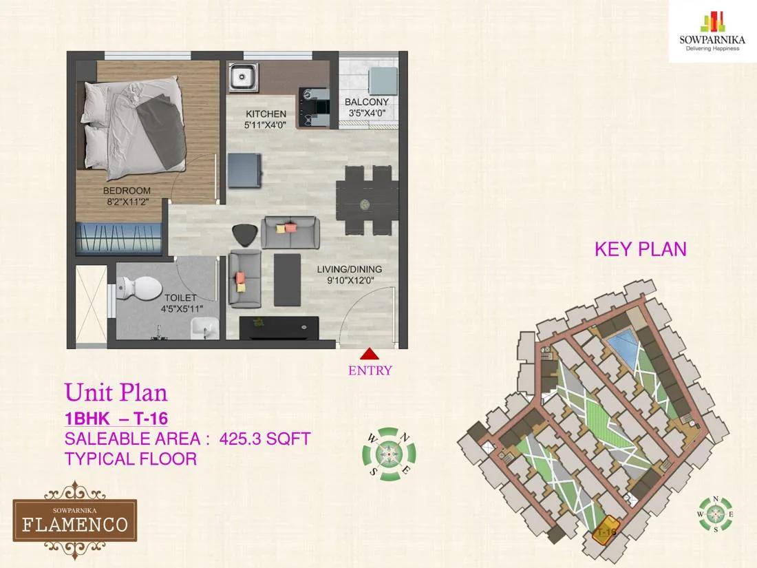 Sowparnika Flamenco 1 BHK floor plan, about 425 sq ft