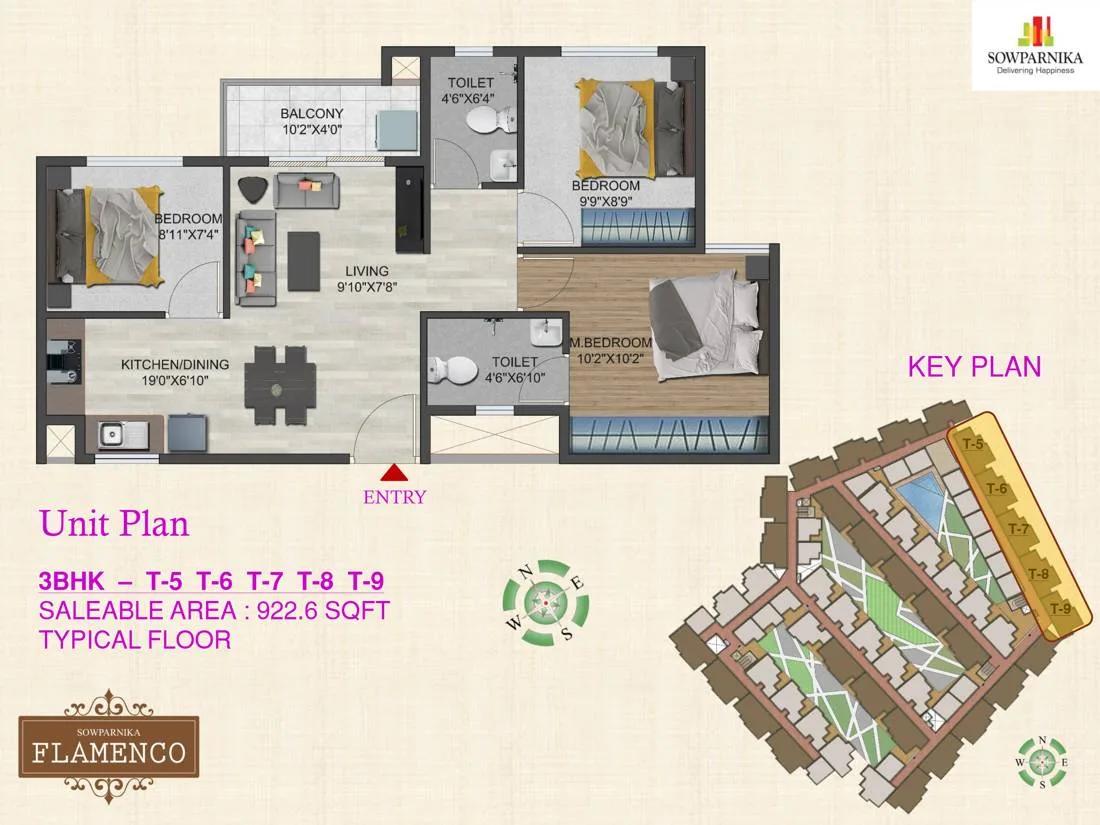 Sowparnika Flamenco 3 BHK floor plan, about 922 sq ft