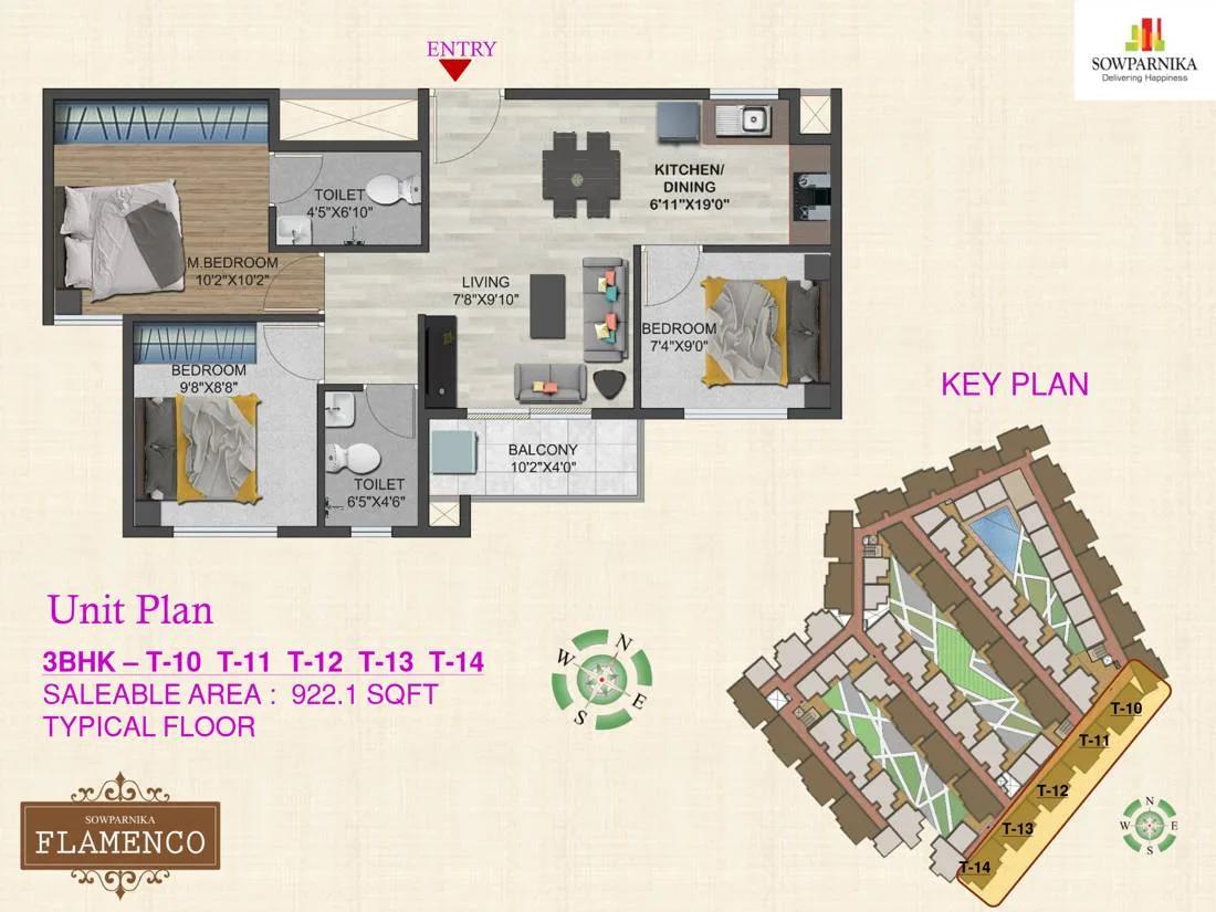 Sowparnika Flamenco 3 BHK floor plan, about 922 sq ft