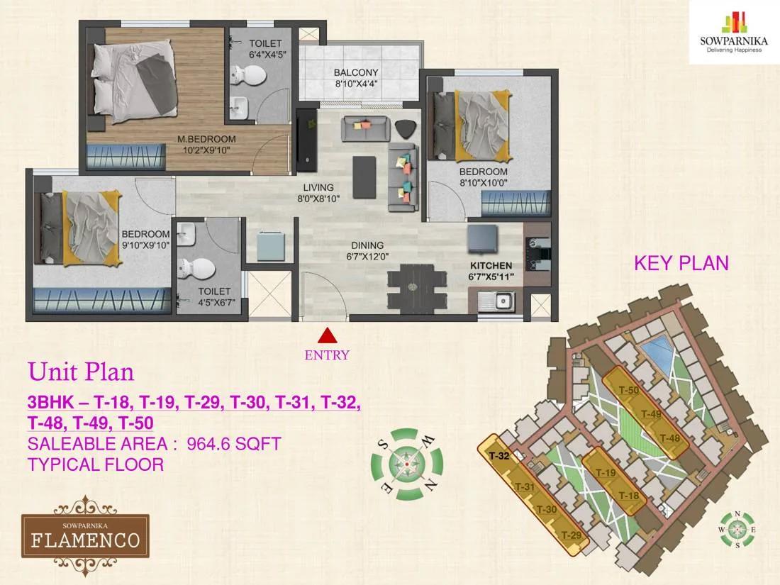 Sowparnika Flamenco 3 BHK floor plan, about 964 sq ft
