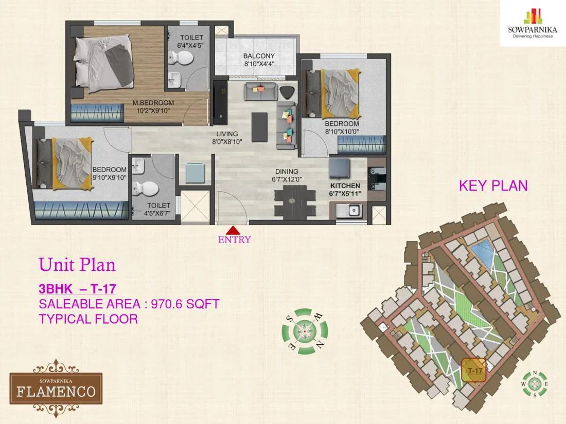 Sowparnika Flamenco 3 BHK floor plan, about 970 sq ft