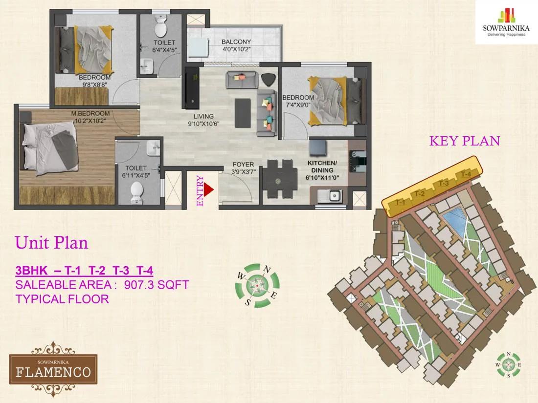 Sowparnika Flamenco 3 BHK floor plan, about 907 sq ft