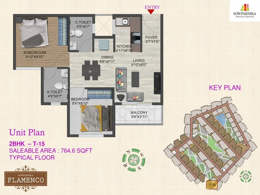 Sowparnika Flamenco 2 BHK floor plan, about 764 sq ft