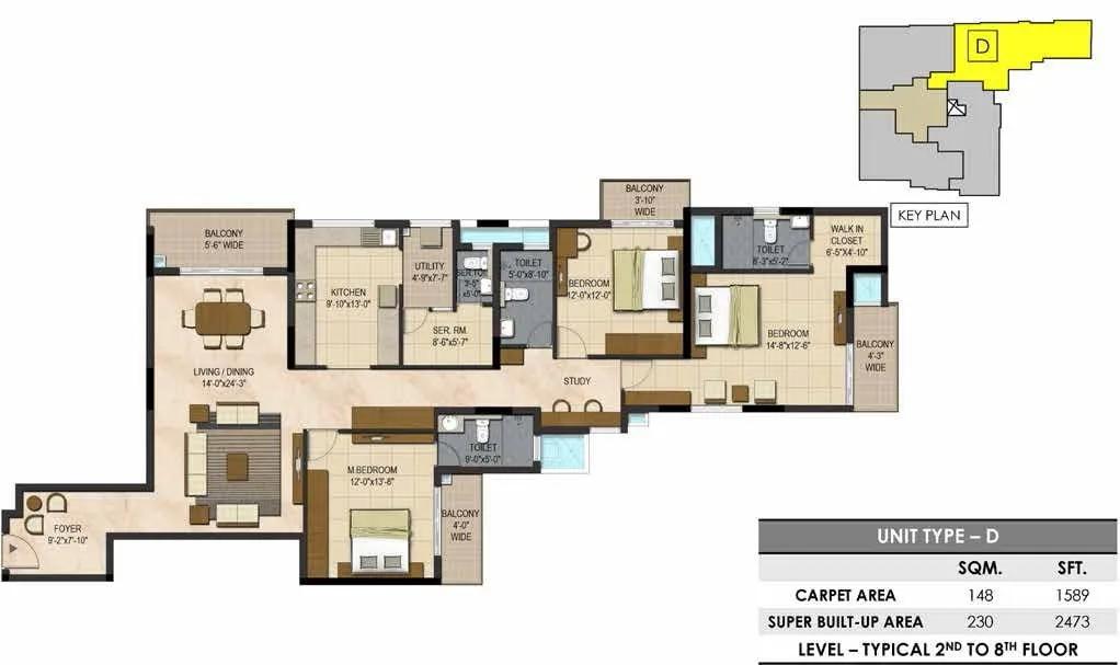Prestige Botanique 3 BHK floor plan, about 2,473 sq ft