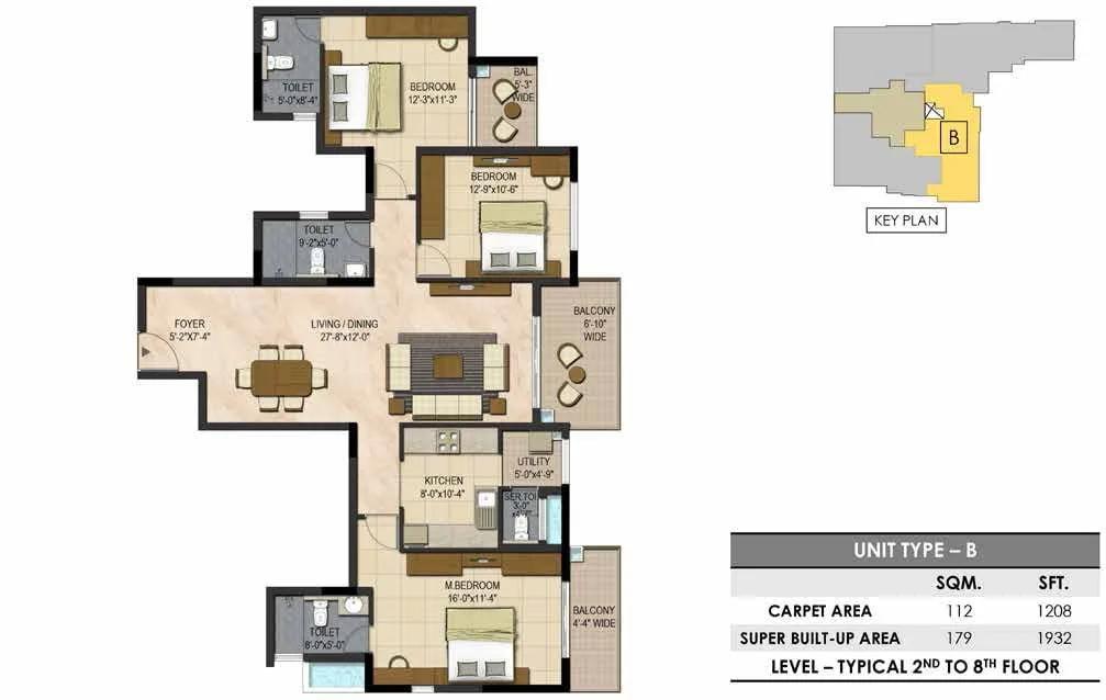 Prestige Botanique 3 BHK floor plan, about 1,932 sq ft