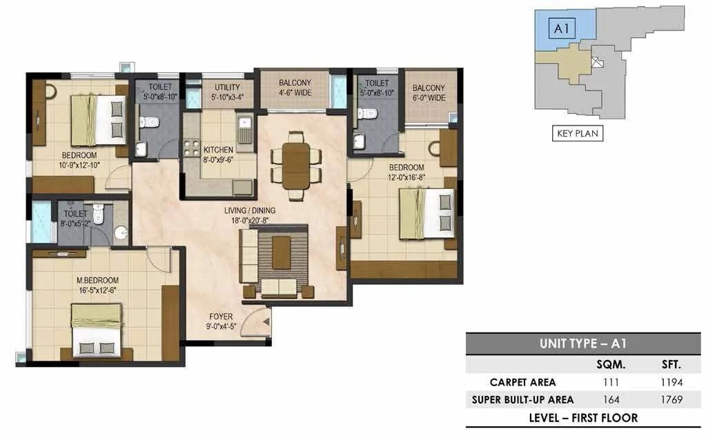 Prestige Botanique 3 BHK floor plan, about 1,769 sq ft
