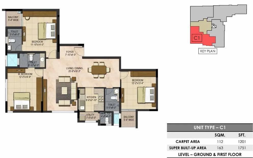 Prestige Botanique 3 BHK floor plan, about 1,751 sq ft