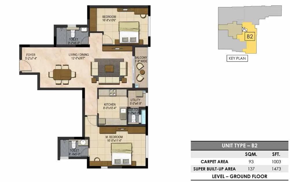 Prestige Botanique 2 BHK floor plan, about 1,473 sq ft