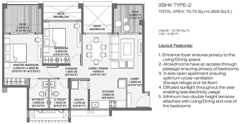 Godrej Elements 2 BHK floor plan, about 826 sq ft
