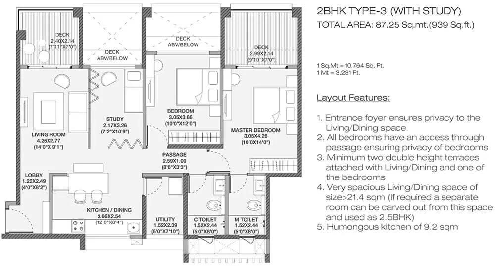 Godrej Elements 2 BHK floor plan, about 939 sq ft