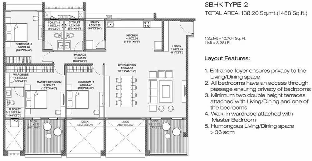 Godrej Elements 3 BHK floor plan, about 1,488 sq ft