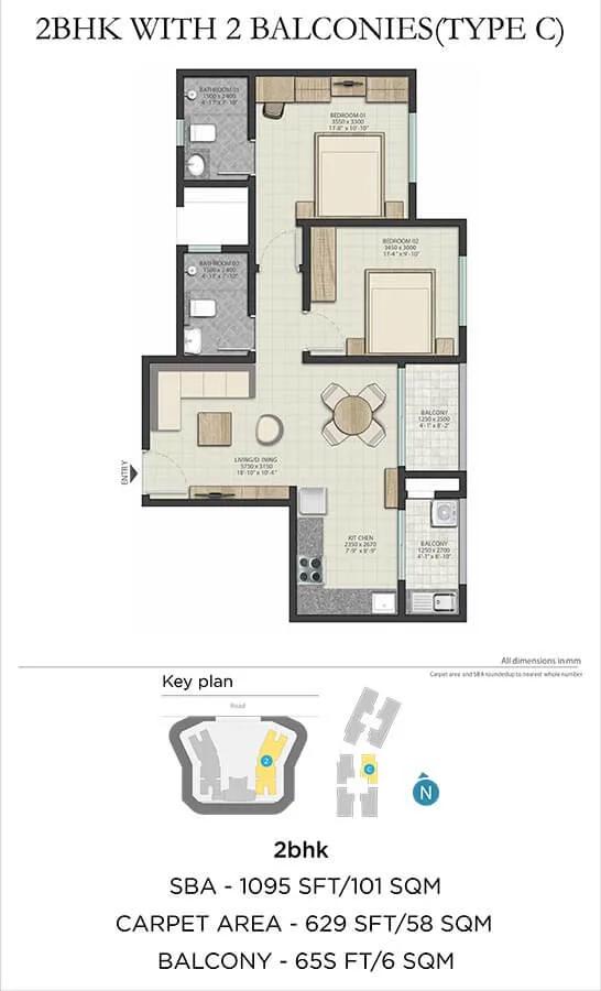 Sobha Dream Heights 2 BHK floor plan, about 1,095 sq ft