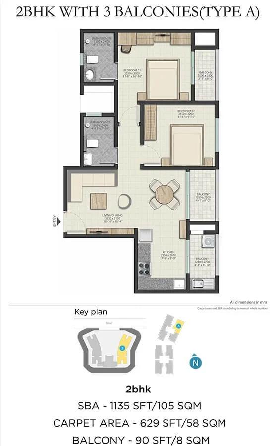 Sobha Dream Heights 2 BHK floor plan, about 1,135 sq ft