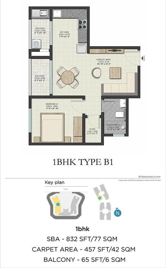 Sobha Dream Heights 1 BHK floor plan, about 832 sq ft