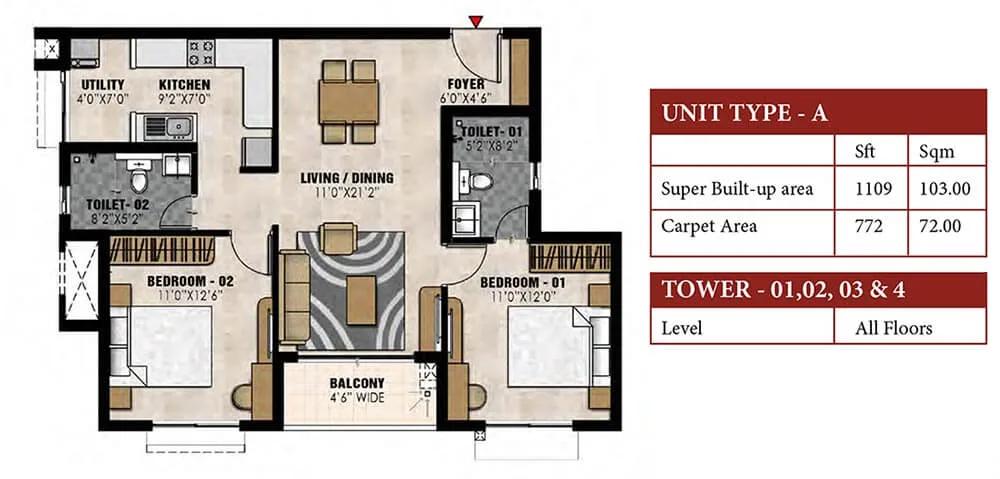 Prestige Elysian 2 BHK floor plan, about 1,109 sq ft